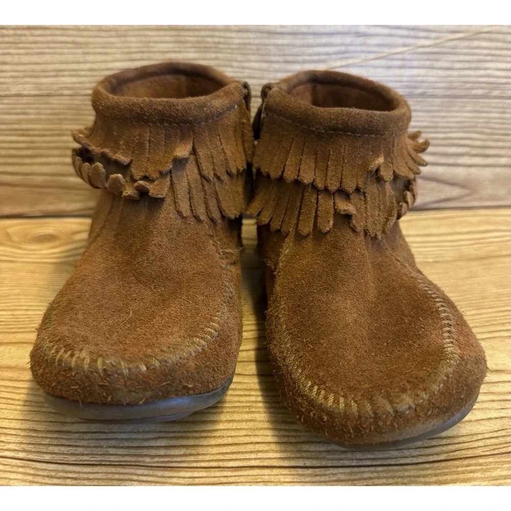 Minnetonka Moccasins Brown Double Fringe Leather Bootie Ankle Boots Girls Sz 3‎